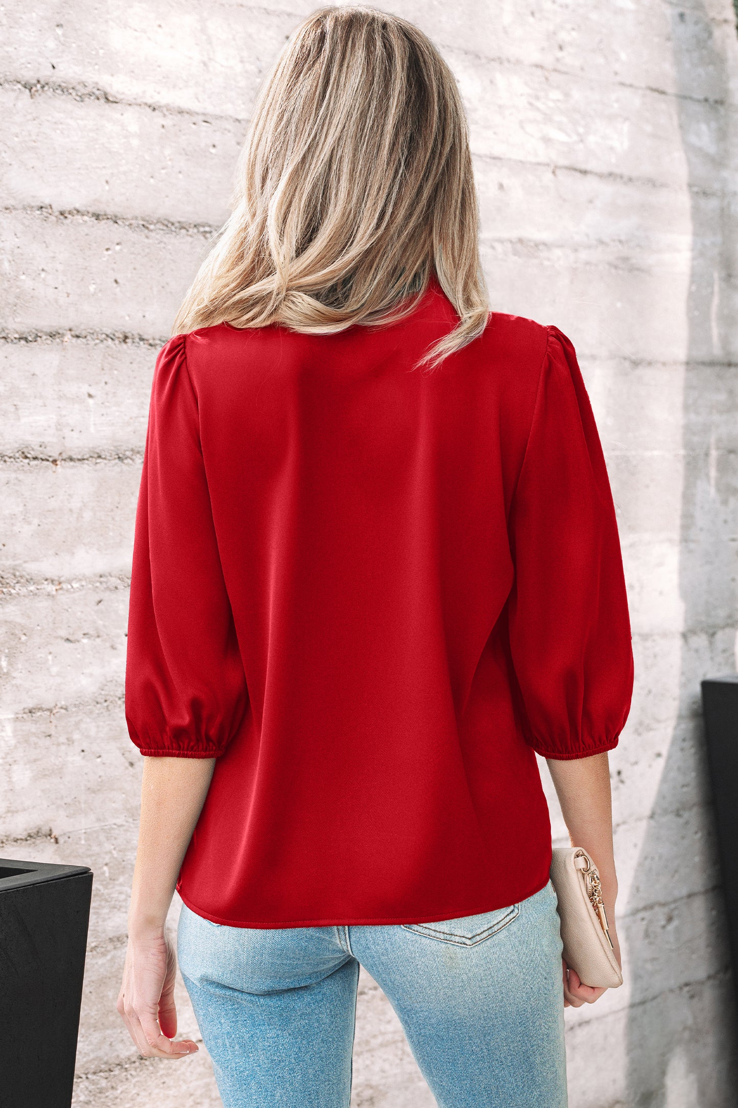 Fiery Red Solid Color Frilled V Neck Bow Detail 3/4 Sleeve Blouse