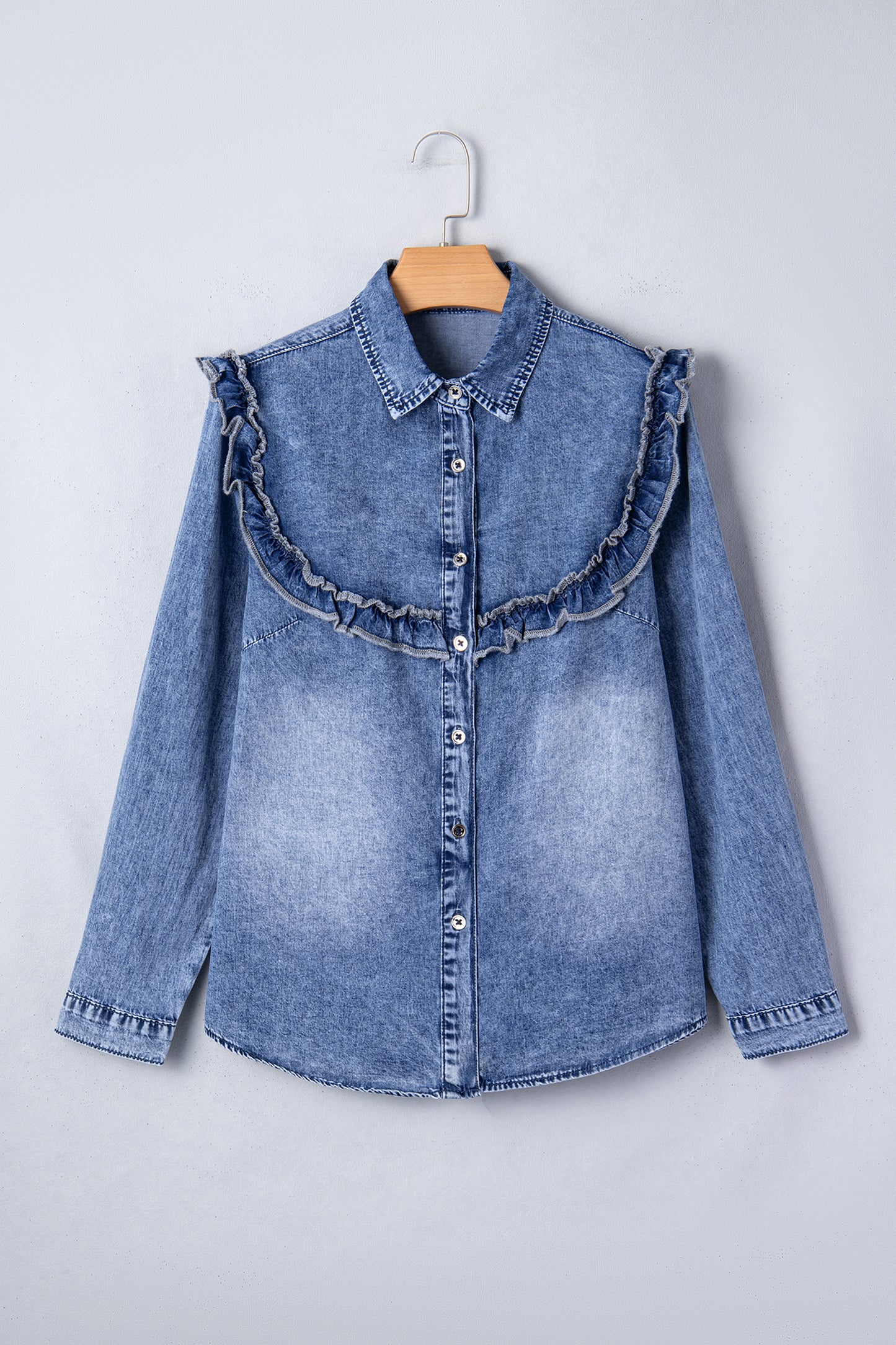 Dusk Blue Vintage Wash Denim Ruffle Detail Button Down Shirt