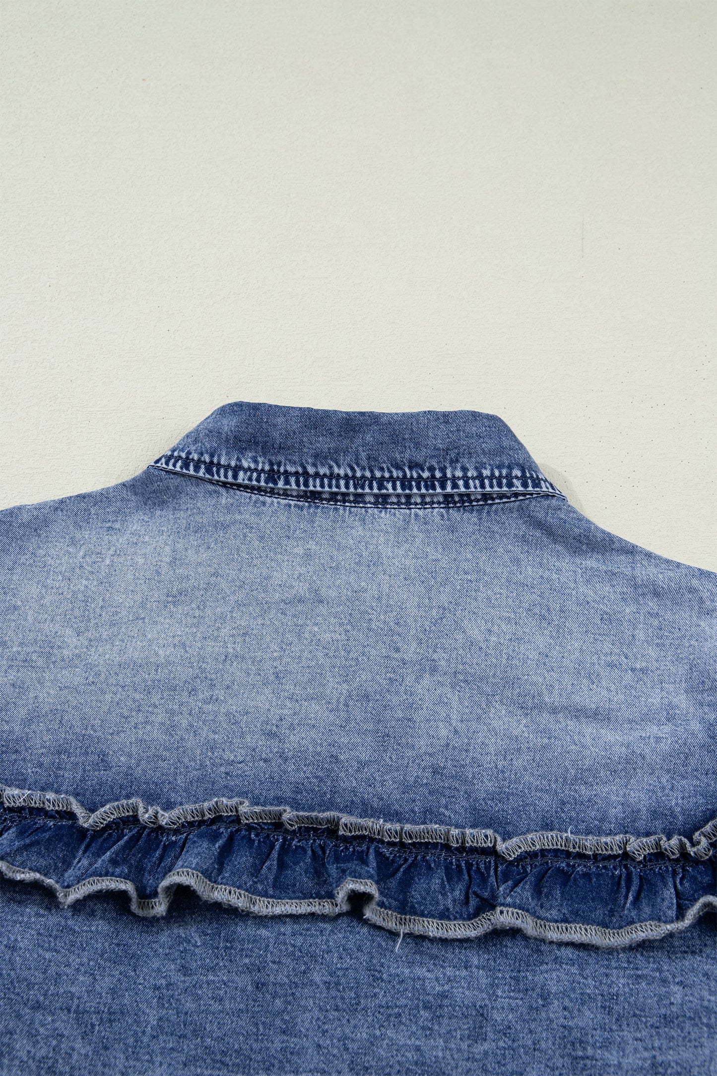 Dusk Blue Vintage Wash Denim Ruffle Detail Button Down Shirt