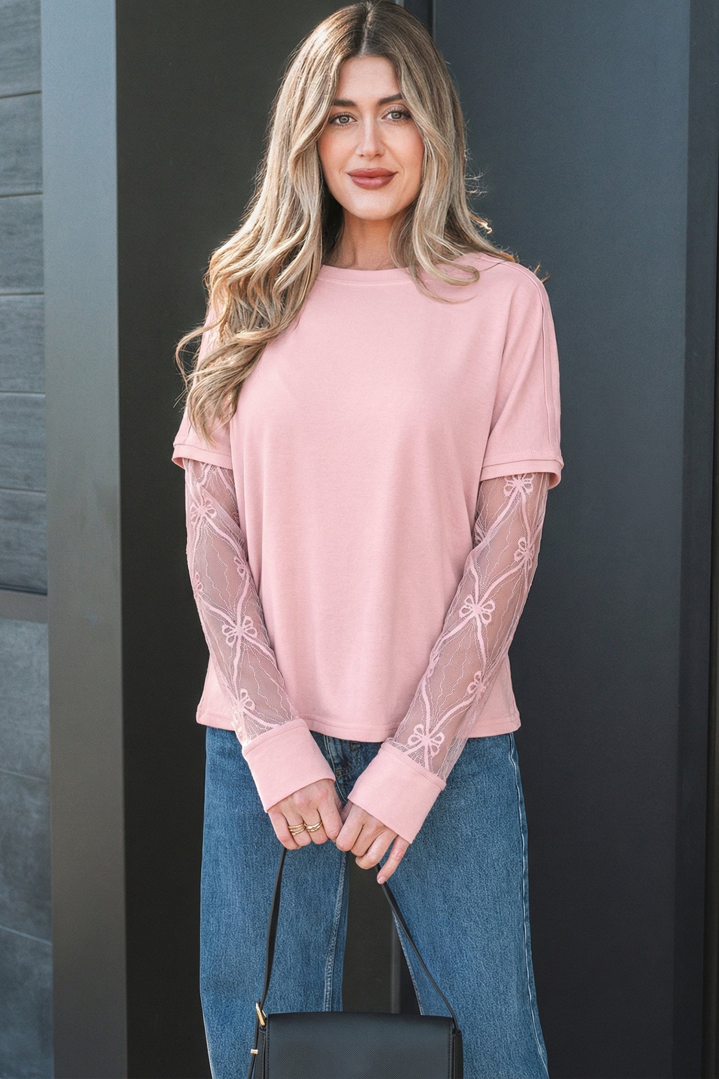 Black Solid Color Bow Textured Patchwork Long Sleeve Tee