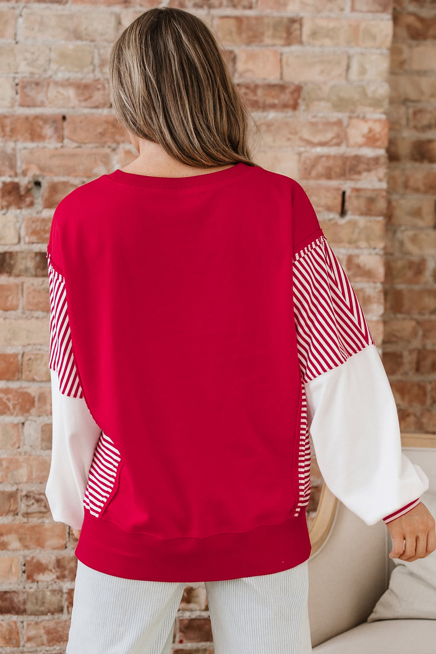 Racing Red Striped Patchwork Sleeve Colorblock Sweatshirt